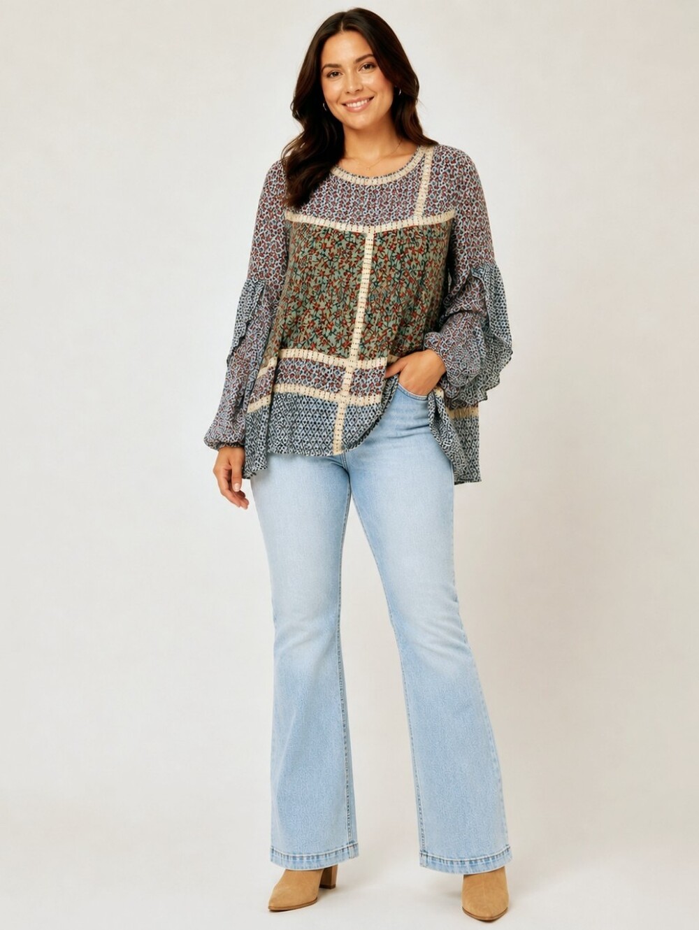 Boho Floral Patchwork Print Cottage Fairy Blouse 1X Festival Romantic